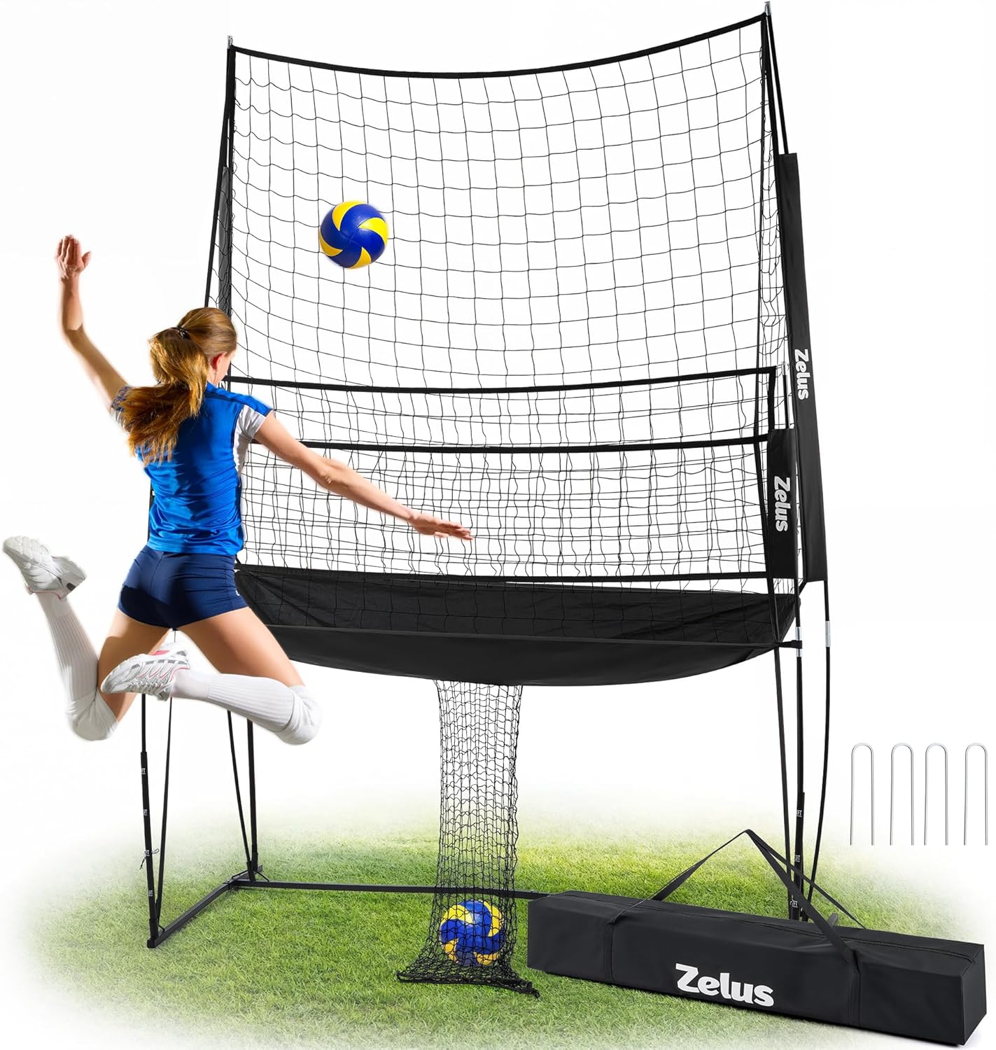 ZELUS Volleyball Practice Net – 11x8 ft Adjustable Station with Ball Return