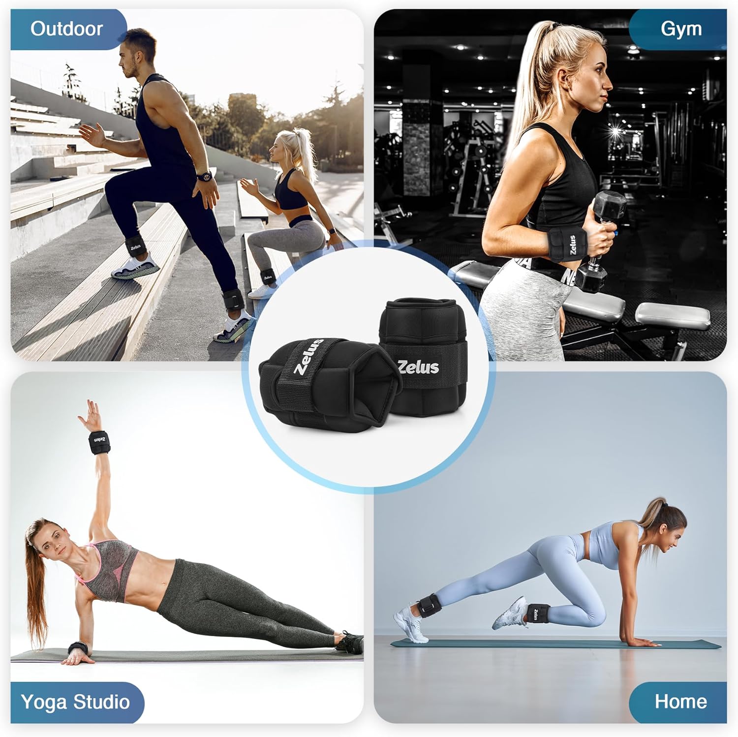 Collage of people exercising outdoors, in gym, and at home with focus on Zelus fitness bags.