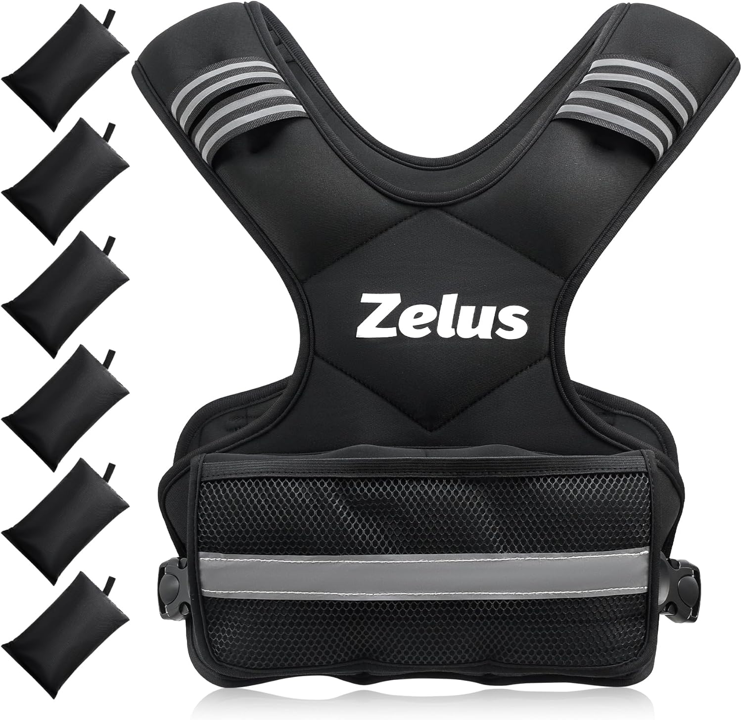 A black ZELUS weighted vest with adjustable straps and pockets for weights, designed for fitness training.