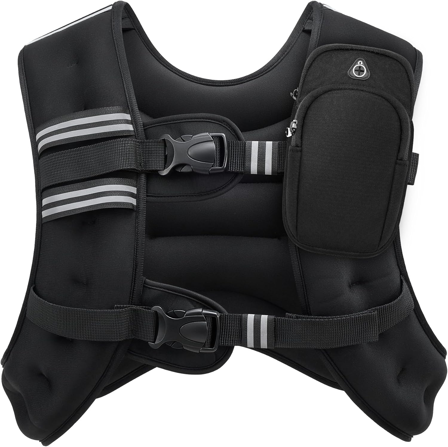 A black weighted vest with reflective strips, featuring adjustable buckle straps and multiple storage pockets.