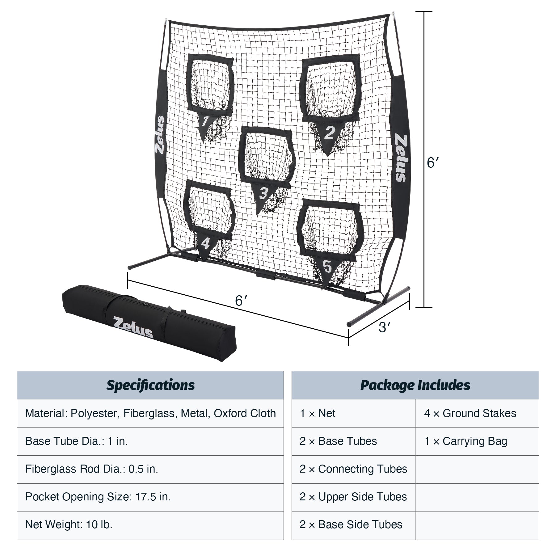 Zelus pitching net with five zones and carrying bag on a white background