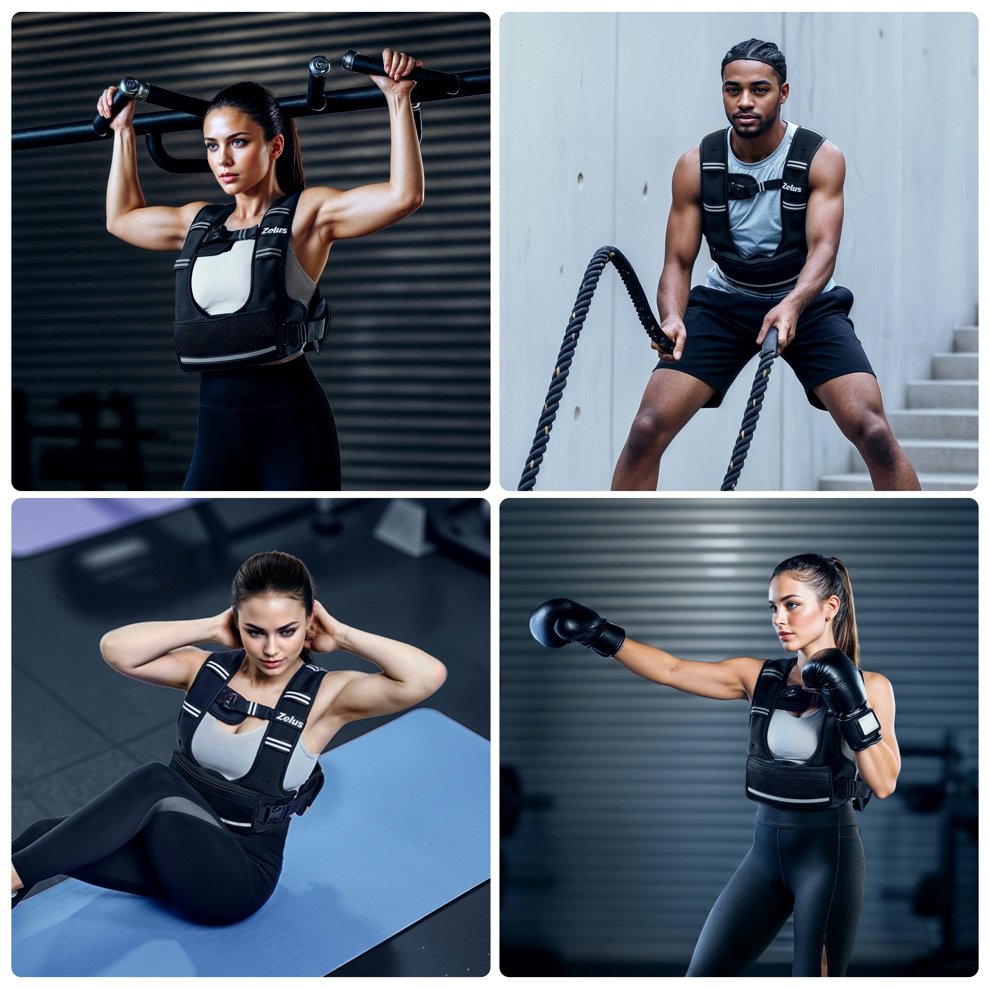 Collage of four people exercising with fitness equipment in a gym setting.