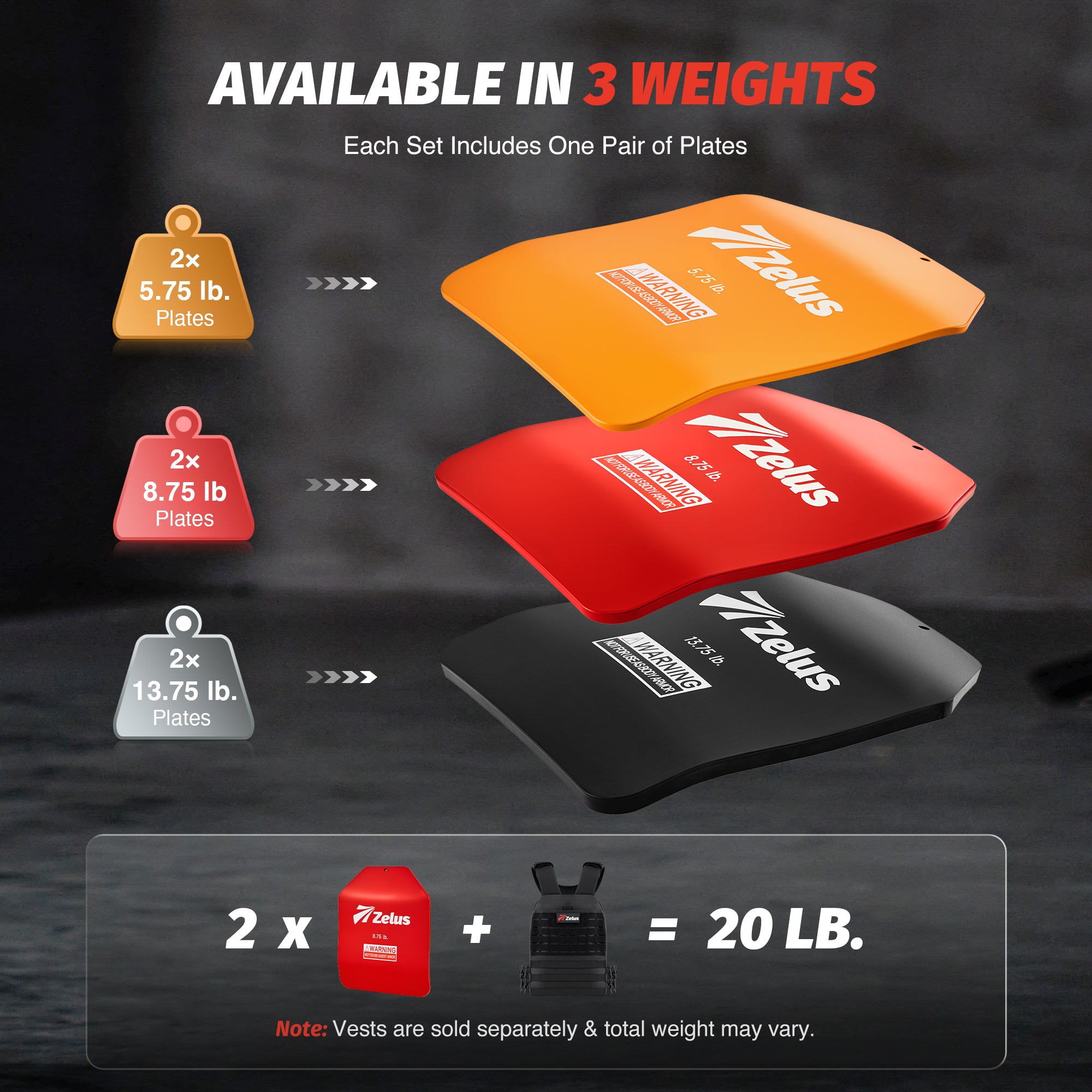 Weighted vests in orange, red, and black with weight information on a dark background