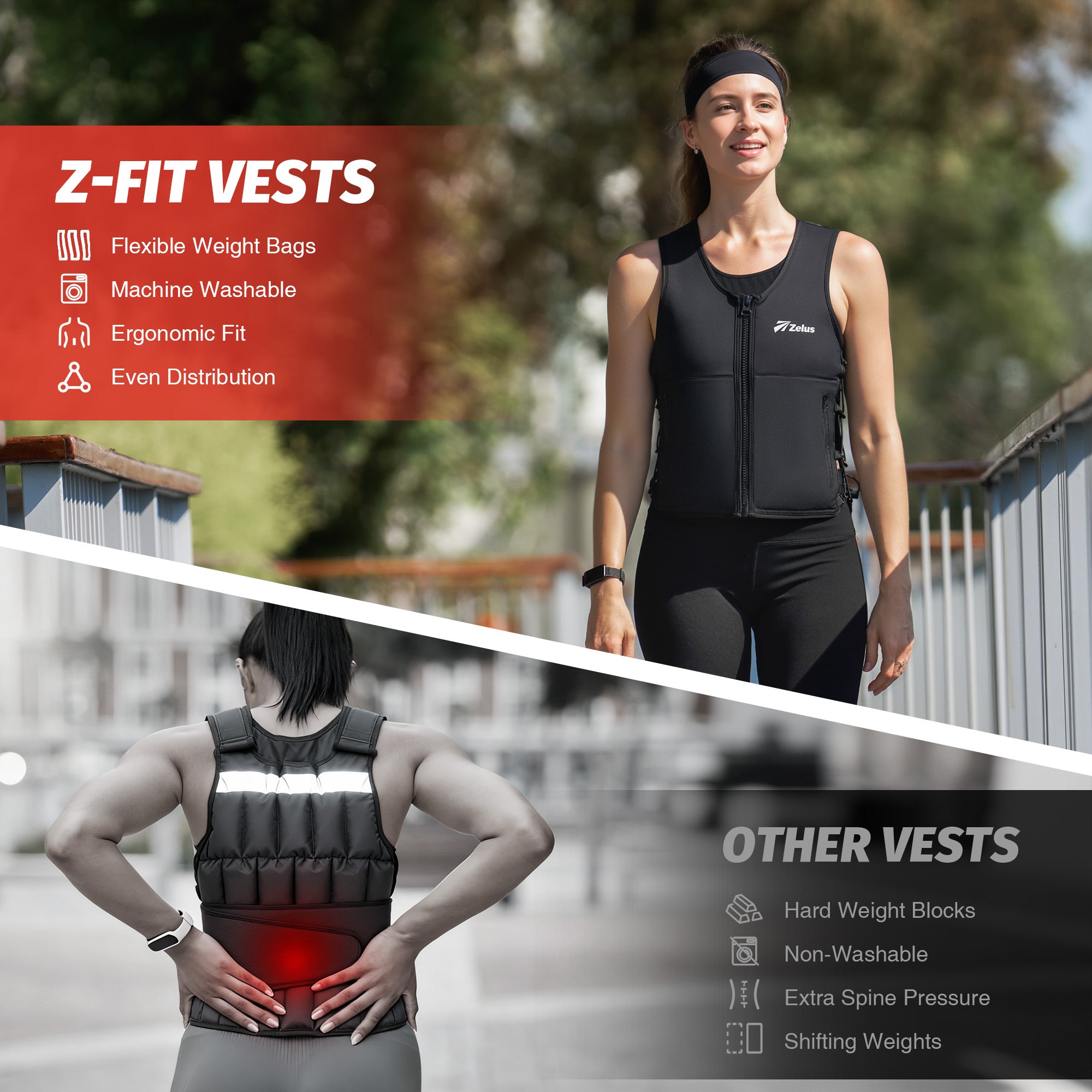 Woman wearing a black Z-Fit vest outdoors with product features highlighted.