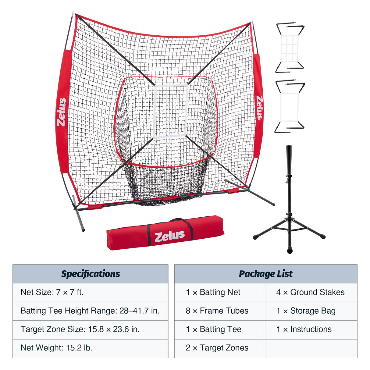 7x7 ft Baseball Net, Hitting and Pitching Net with Adjustable Batting Tee Red