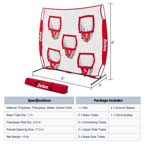 Football Throwing Net, Quarterback Training Equipment with 5 Target Pockets Red