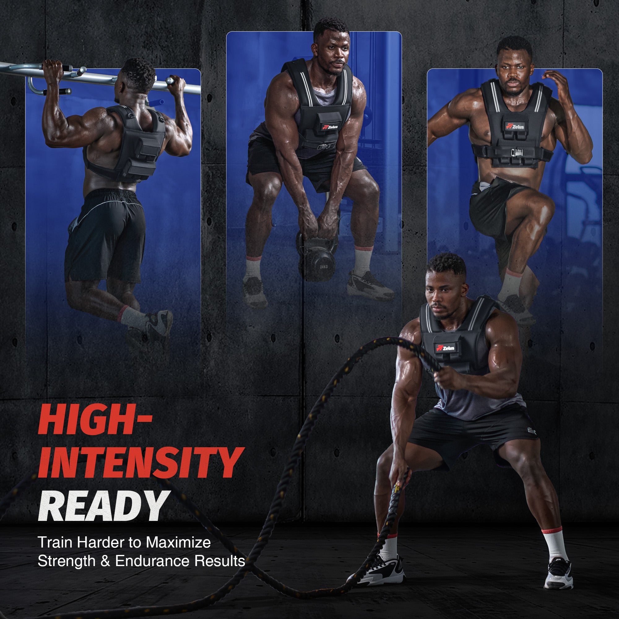 Three panels showing a man performing different exercises with text about high-intensity training.
