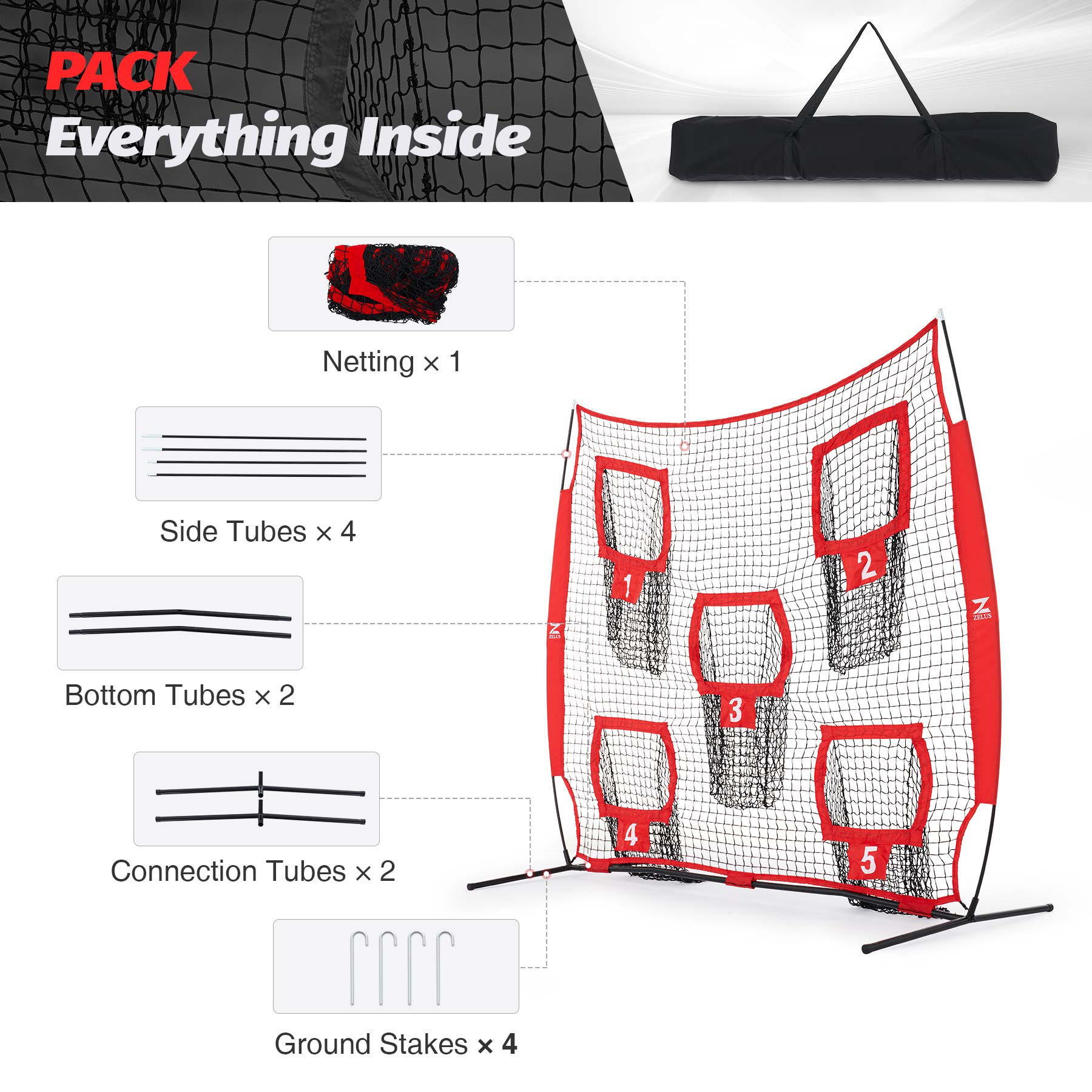 Baseball practice net with numbered targets and carrying bag