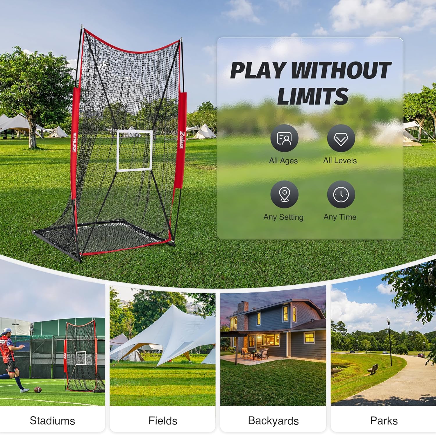 Collapsible baseball net on a grassy field with promotional text and images of use in stadiums, fields, backyards, and parks.