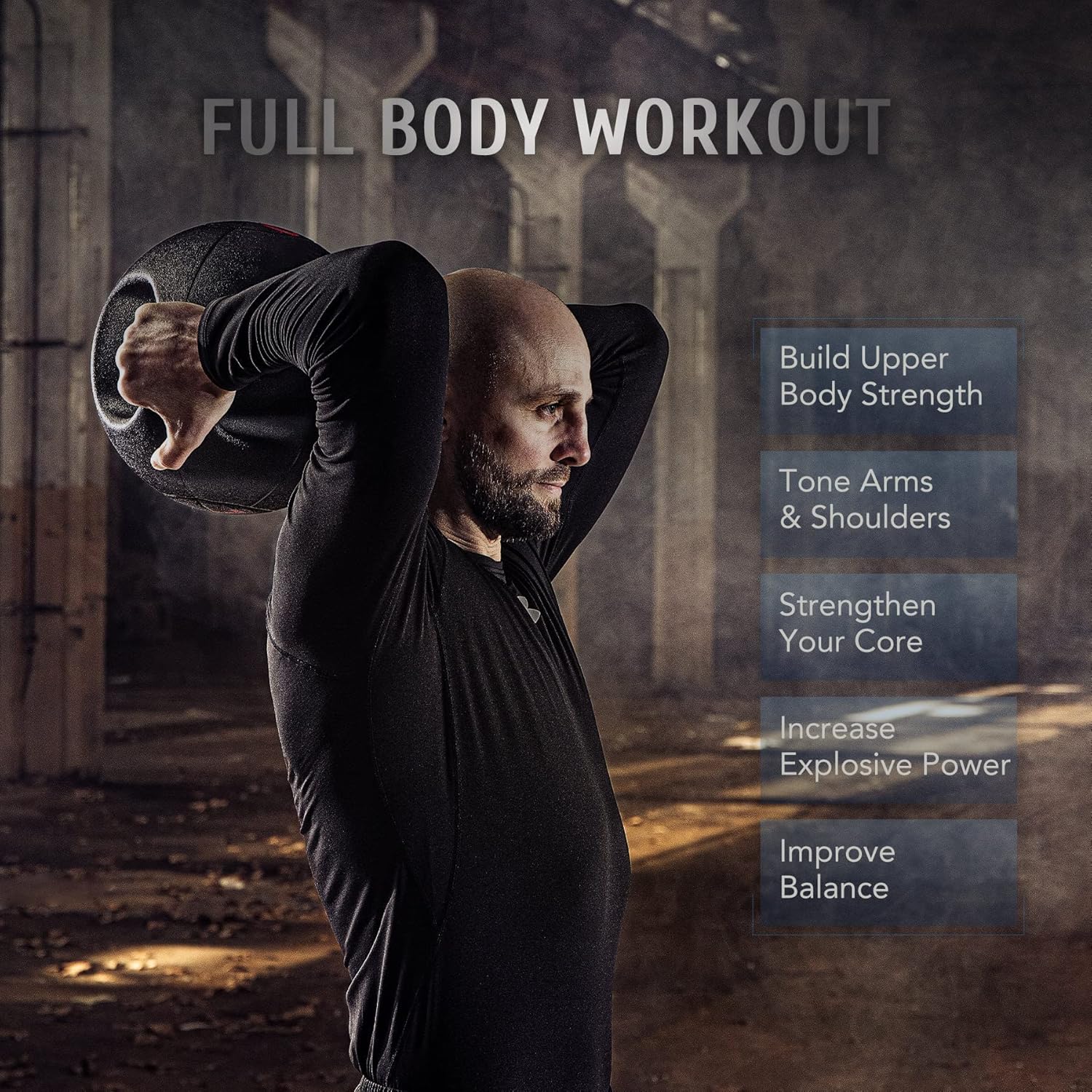 Man performing a full body workout with text highlighting benefits in a dark, industrial setting.