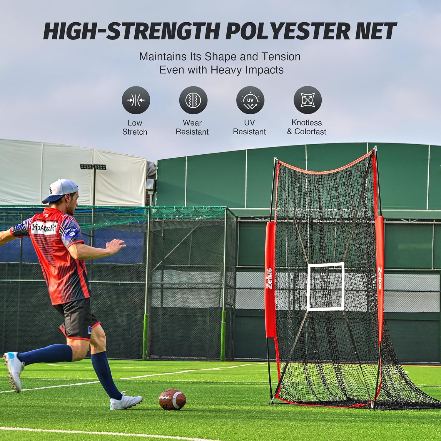 Person kicking a ball near a sports net on a field.