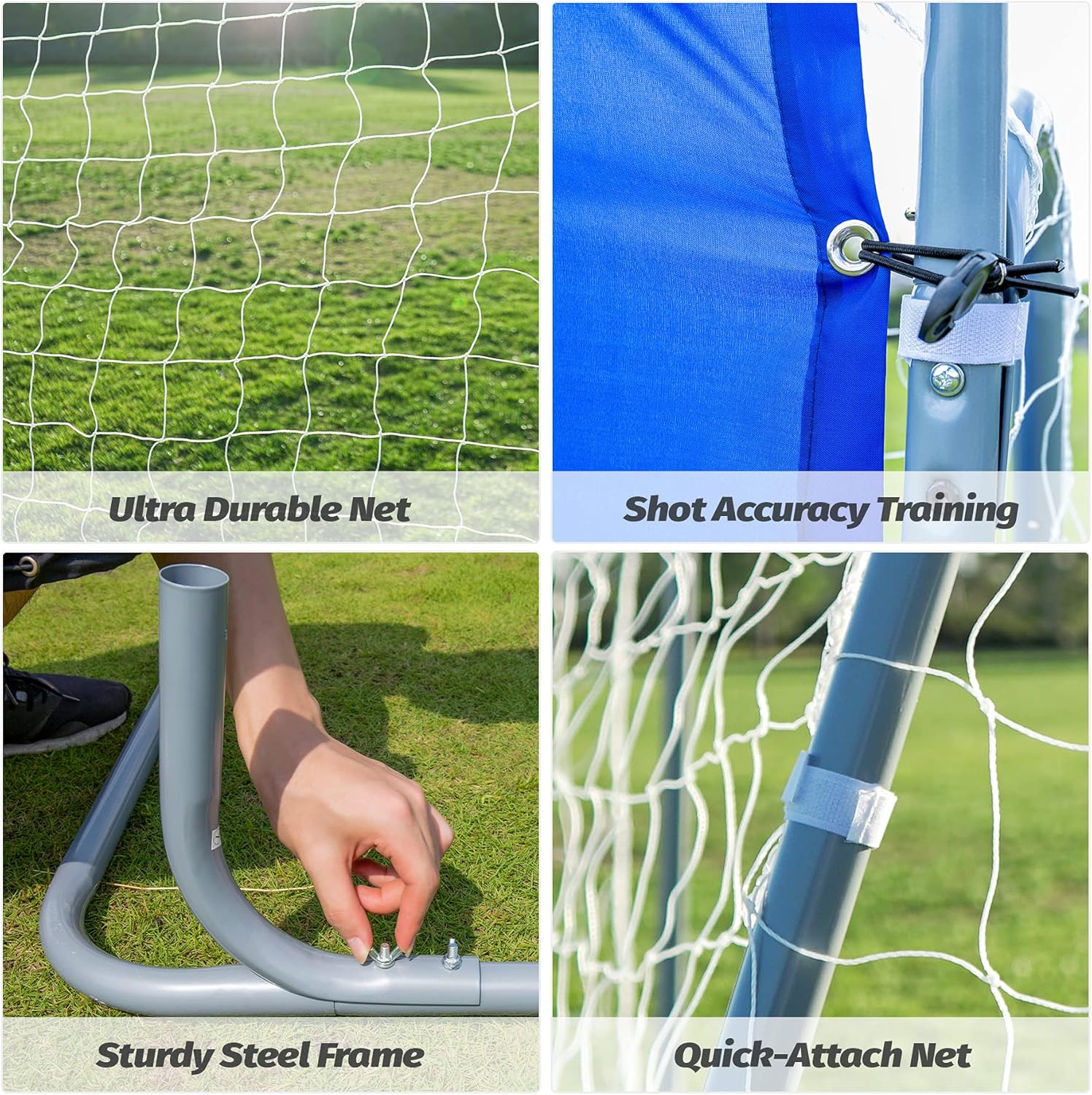 Collage of a soccer goal with text highlighting features like durable net, shot accuracy training, sturdy steel frame, and quick-attach net.