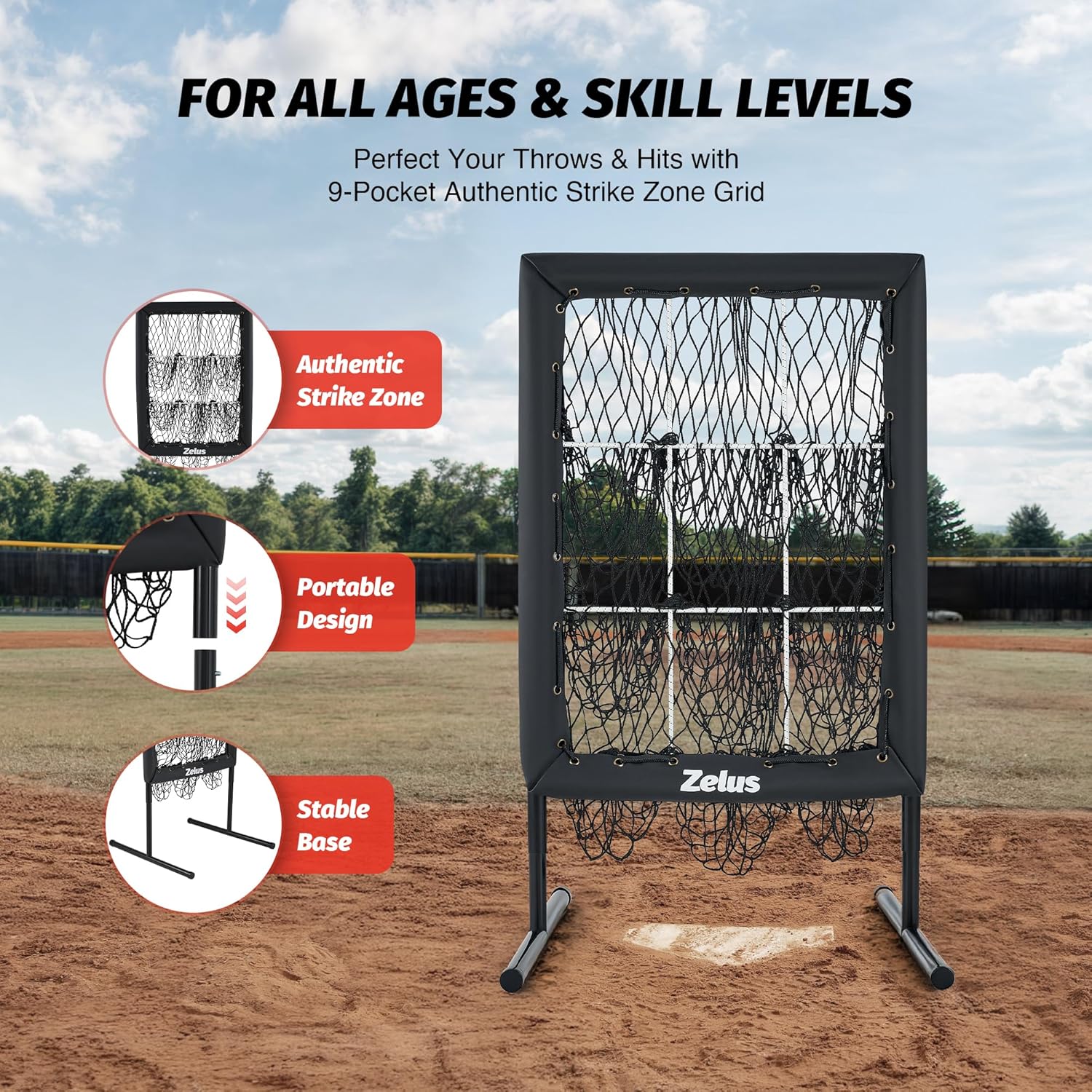 Baseball practice net with features highlighted on a baseball field