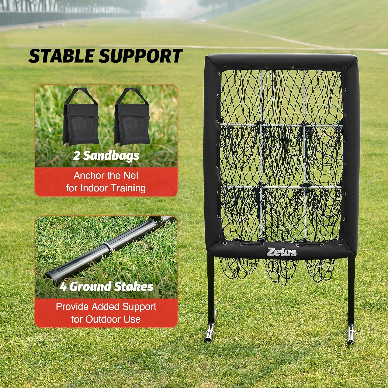 Zelus sports training net with stable support features on a grassy field