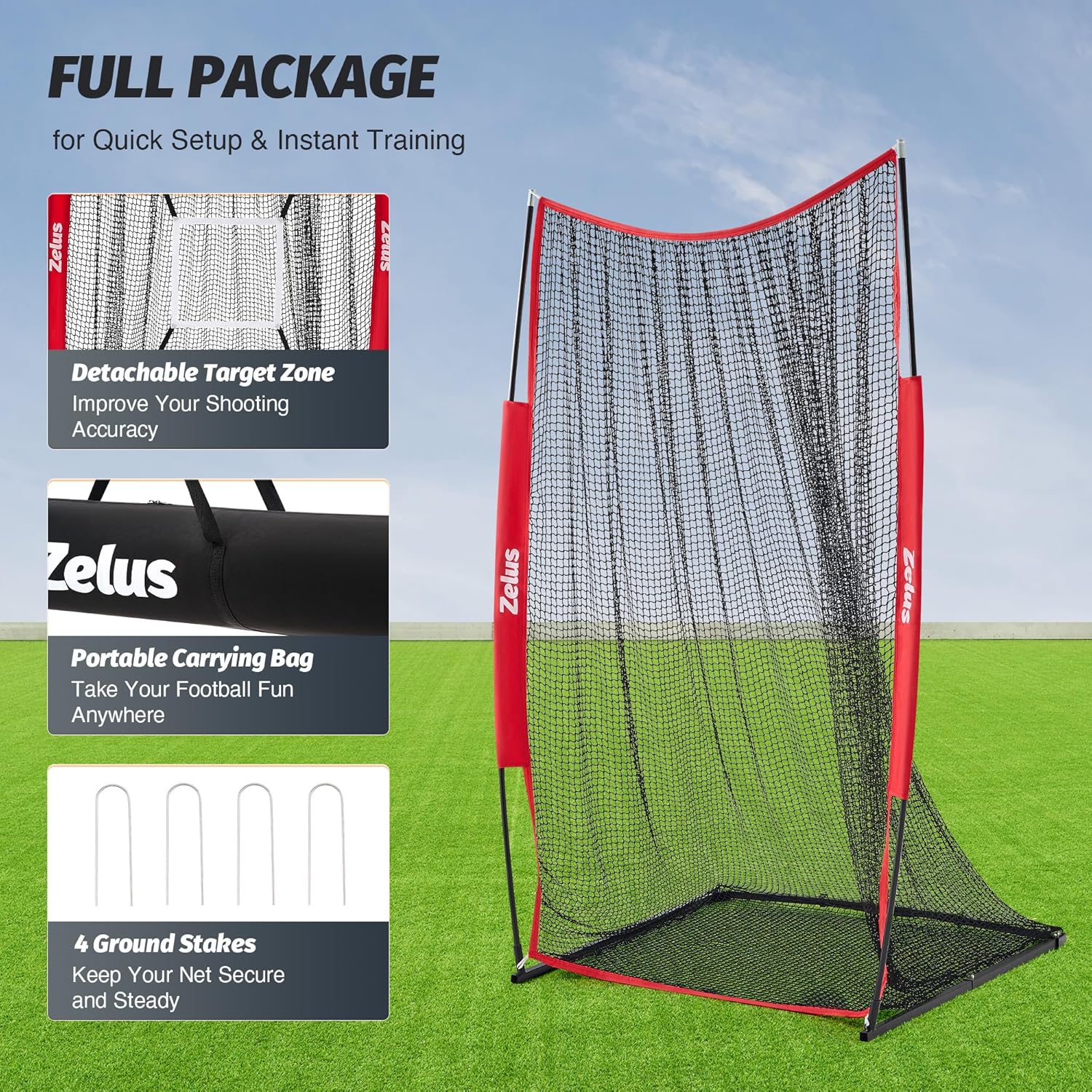 Portable sports training net with carrying bag and ground stakes on grass field.