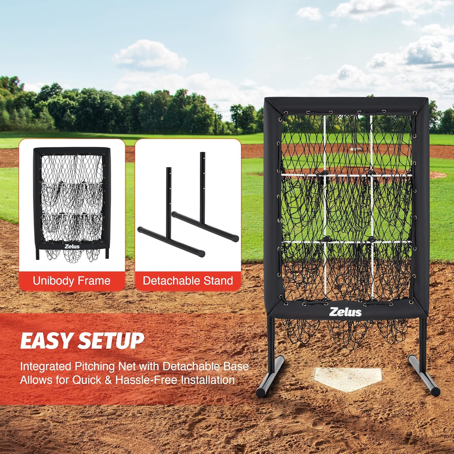 Baseball pitching net with unibody frame and detachable stand on a baseball field.