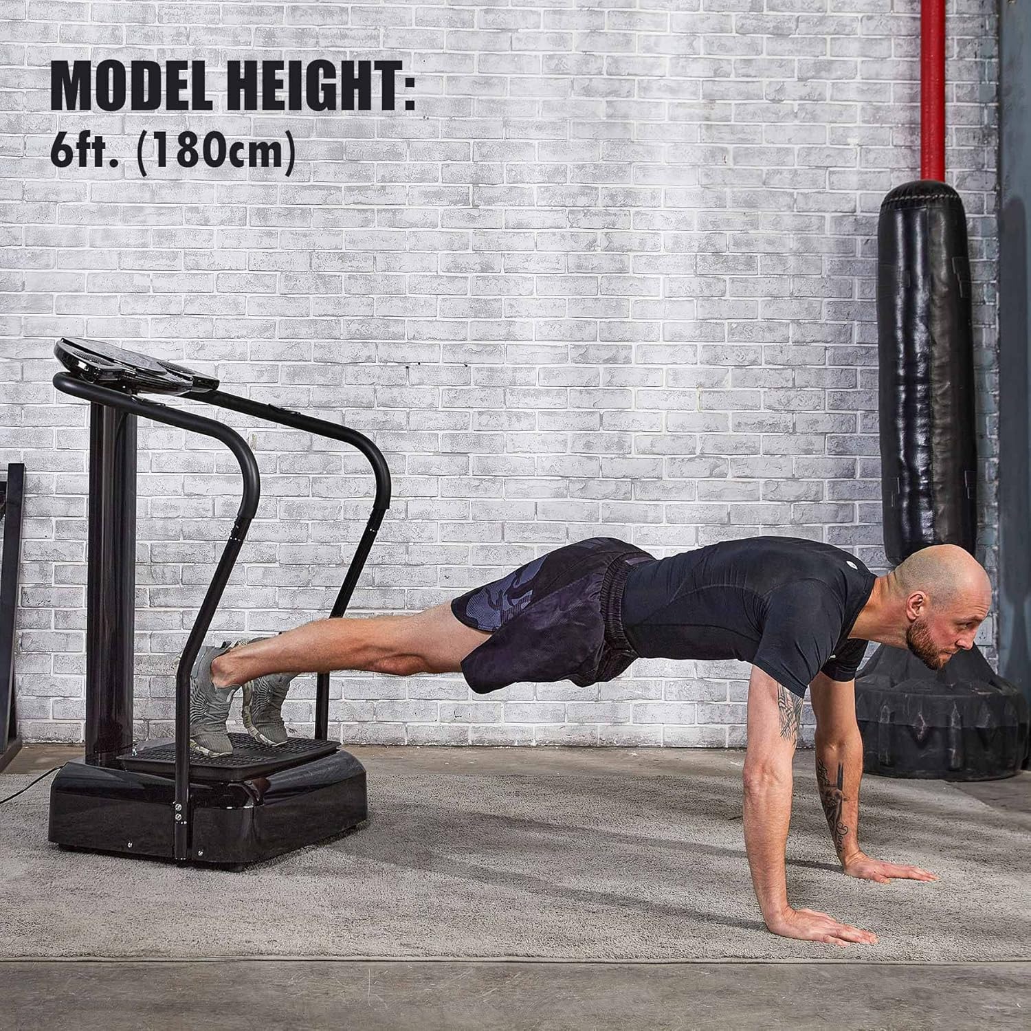 Person doing push-ups on a push-up stand with a model height note.