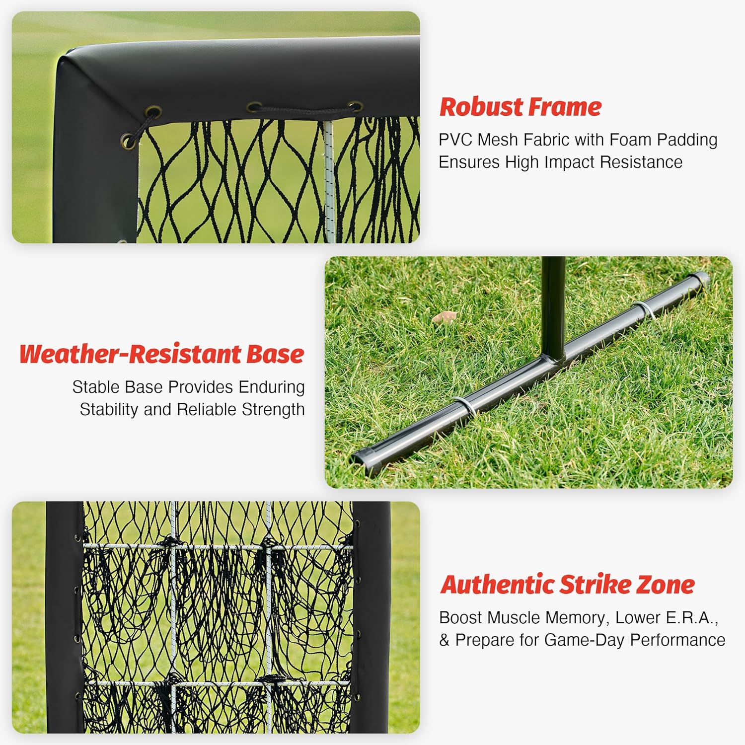 Product image with text highlighting features of a sports training net on grass.