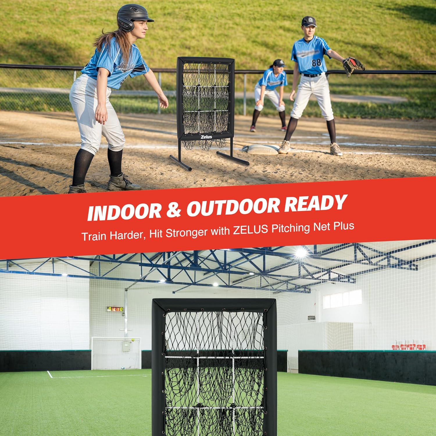 Baseball practice net on a field with players in the background, featuring ZELUS branding.