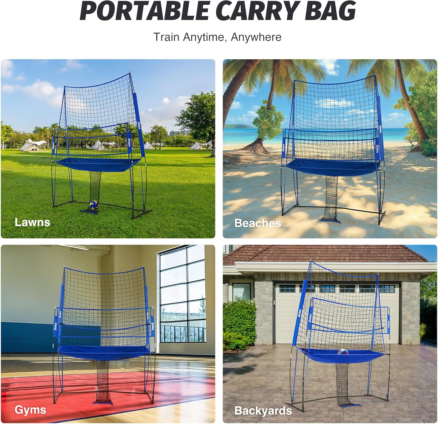 Portable sports training net system with carrying bag shown in various outdoor settings.