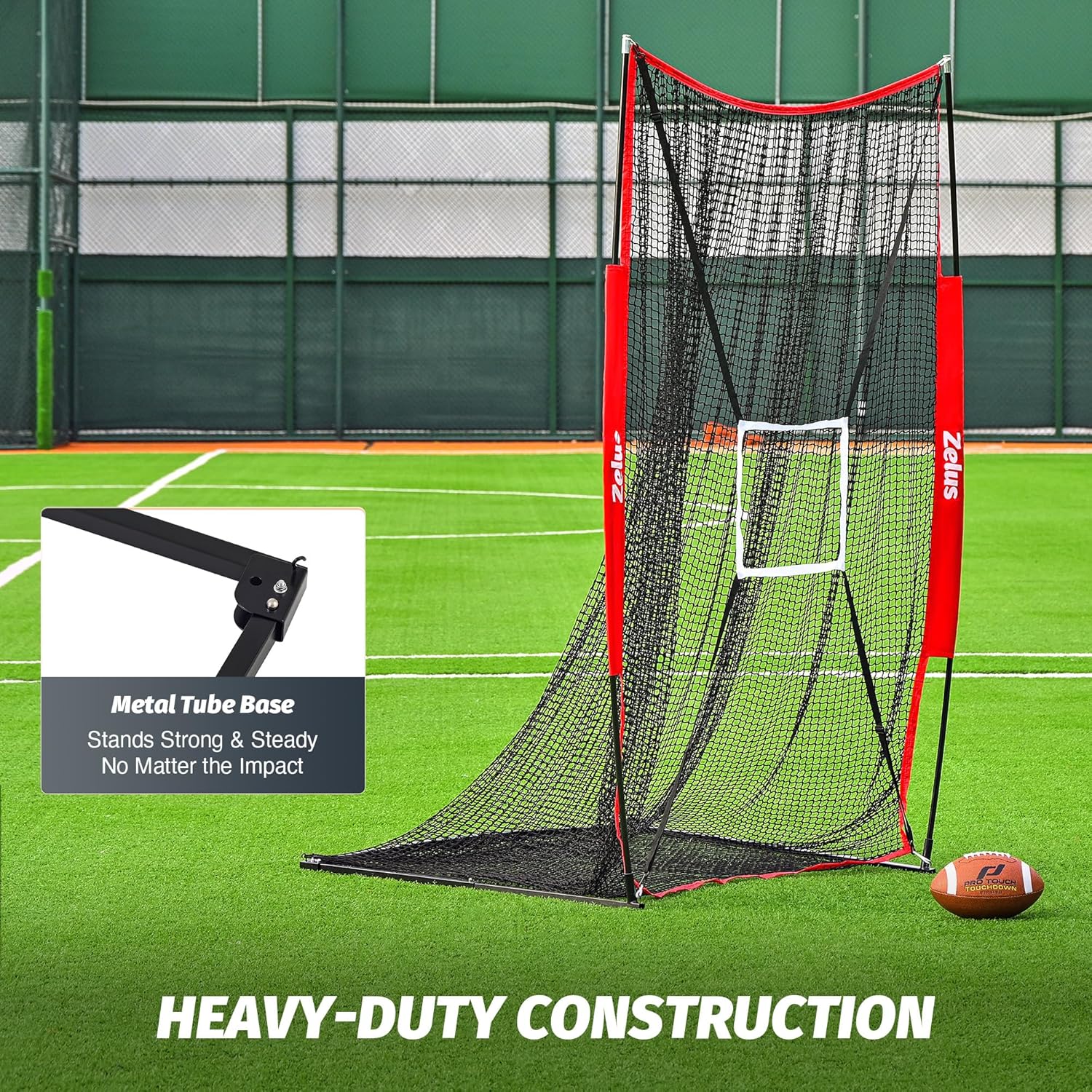 Bouncing net with metal tube base on a sports field