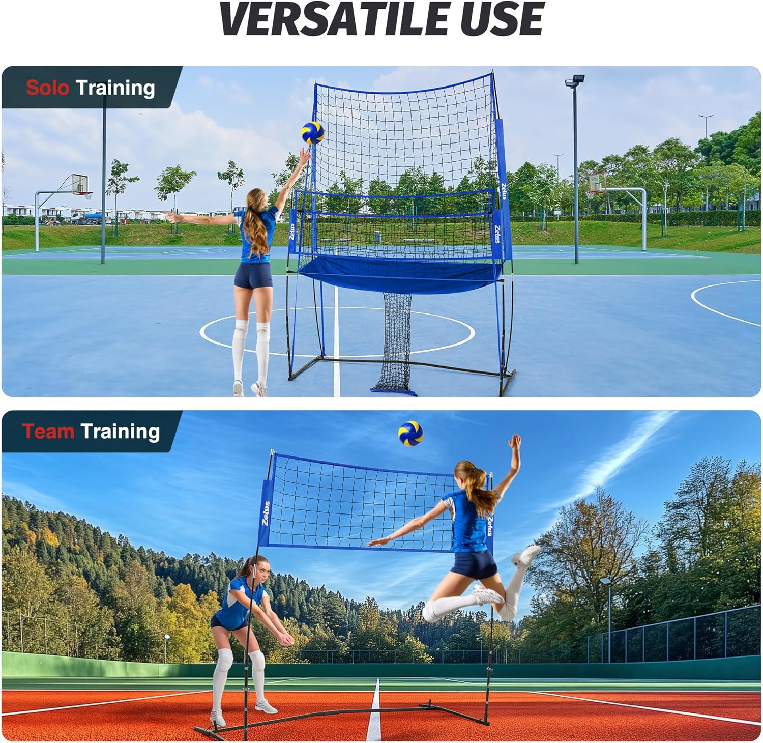 Portable volleyball net system on outdoor courts with a person playing.