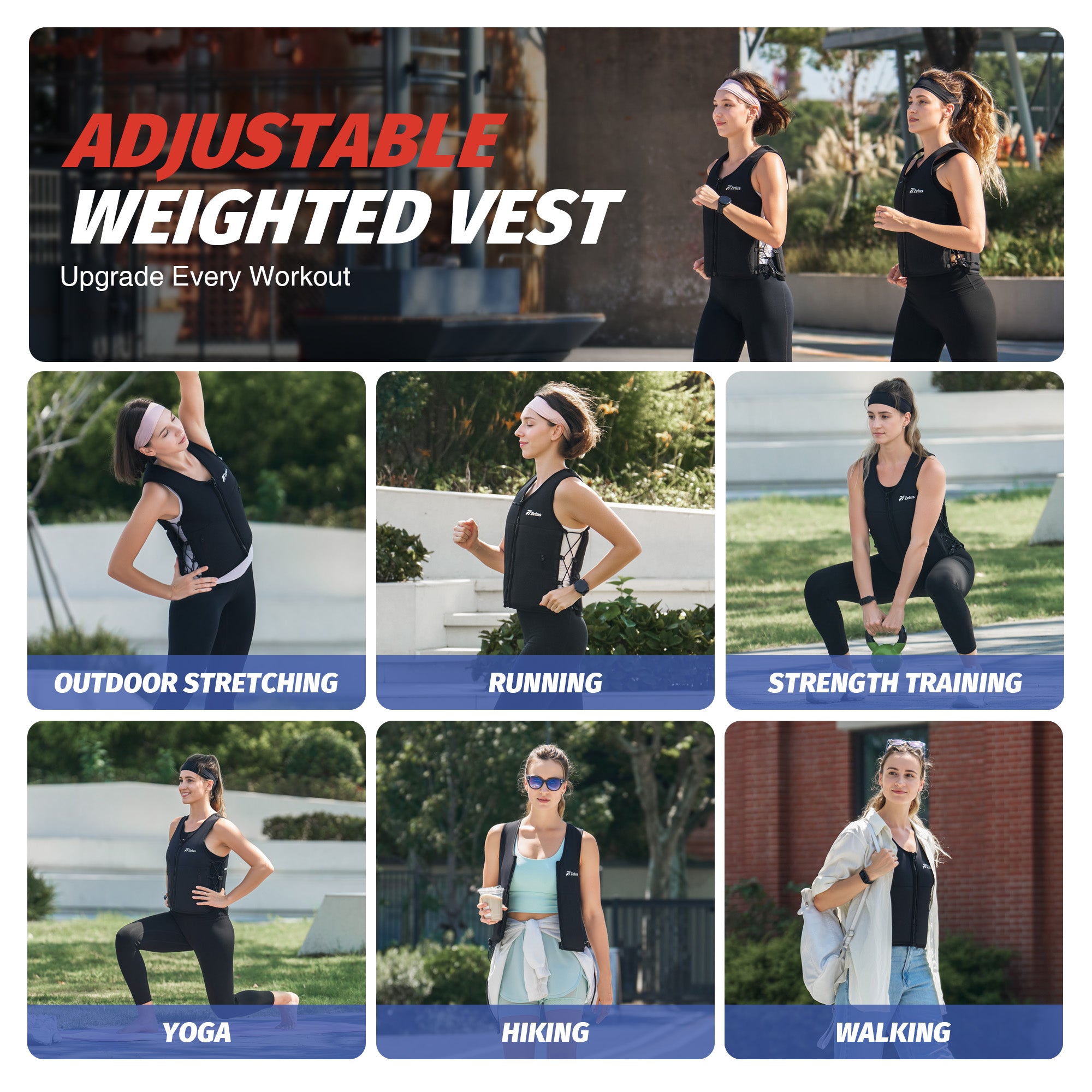 Collage of a woman wearing an adjustable weighted vest in various outdoor activities.