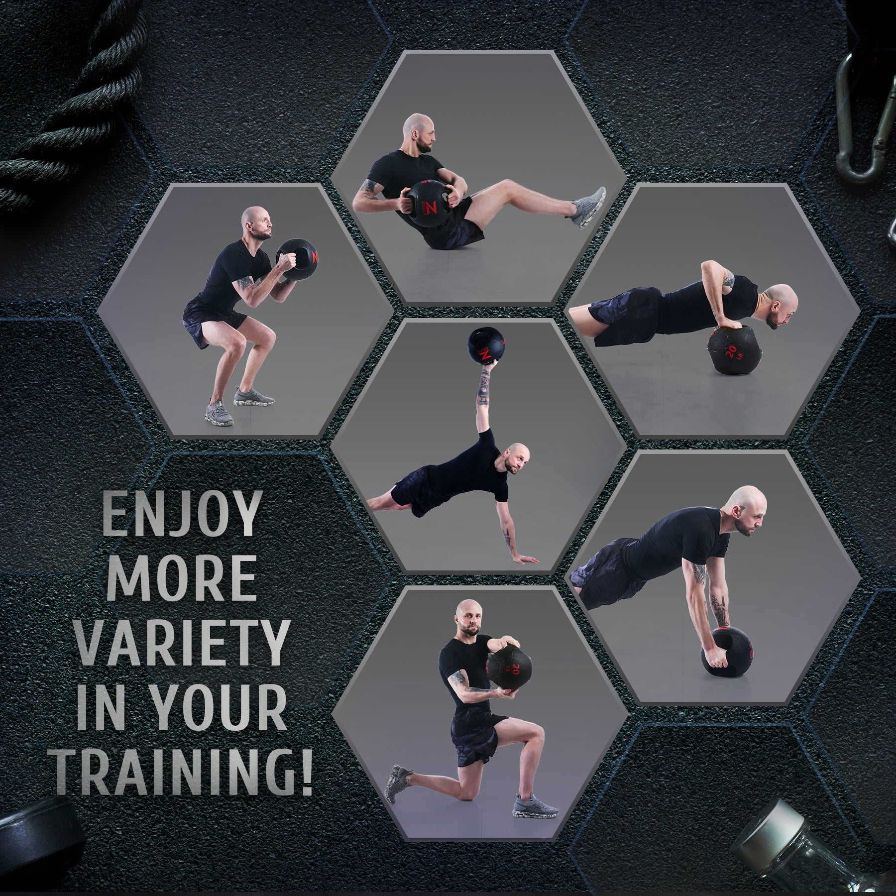 Black ZELUS double-handle medicine ball with red branding