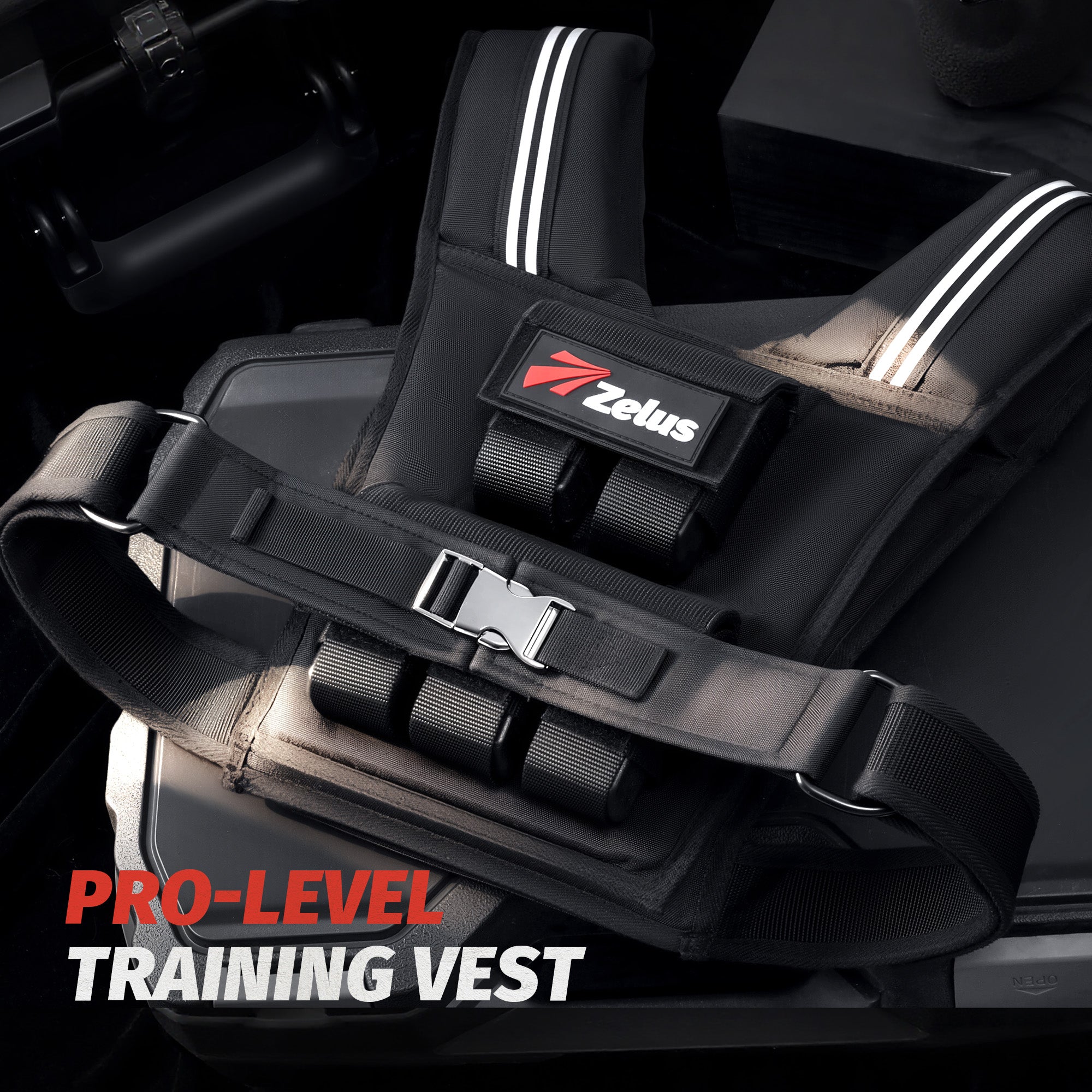 Black training vest with Zelus logo on a car seat, labeled 'Pro-Level Training Vest'.