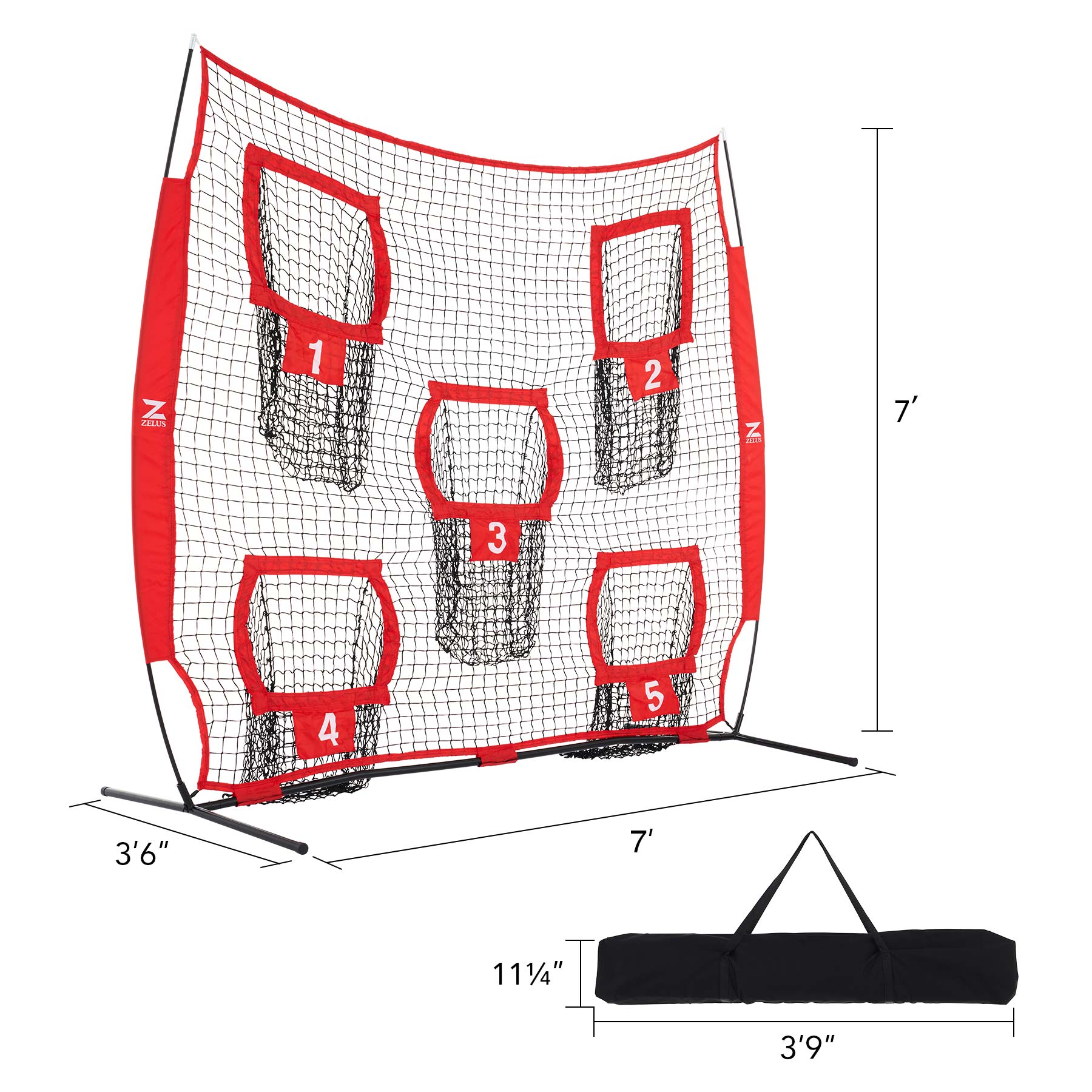 Baseball practice net with numbered targets and carrying bag