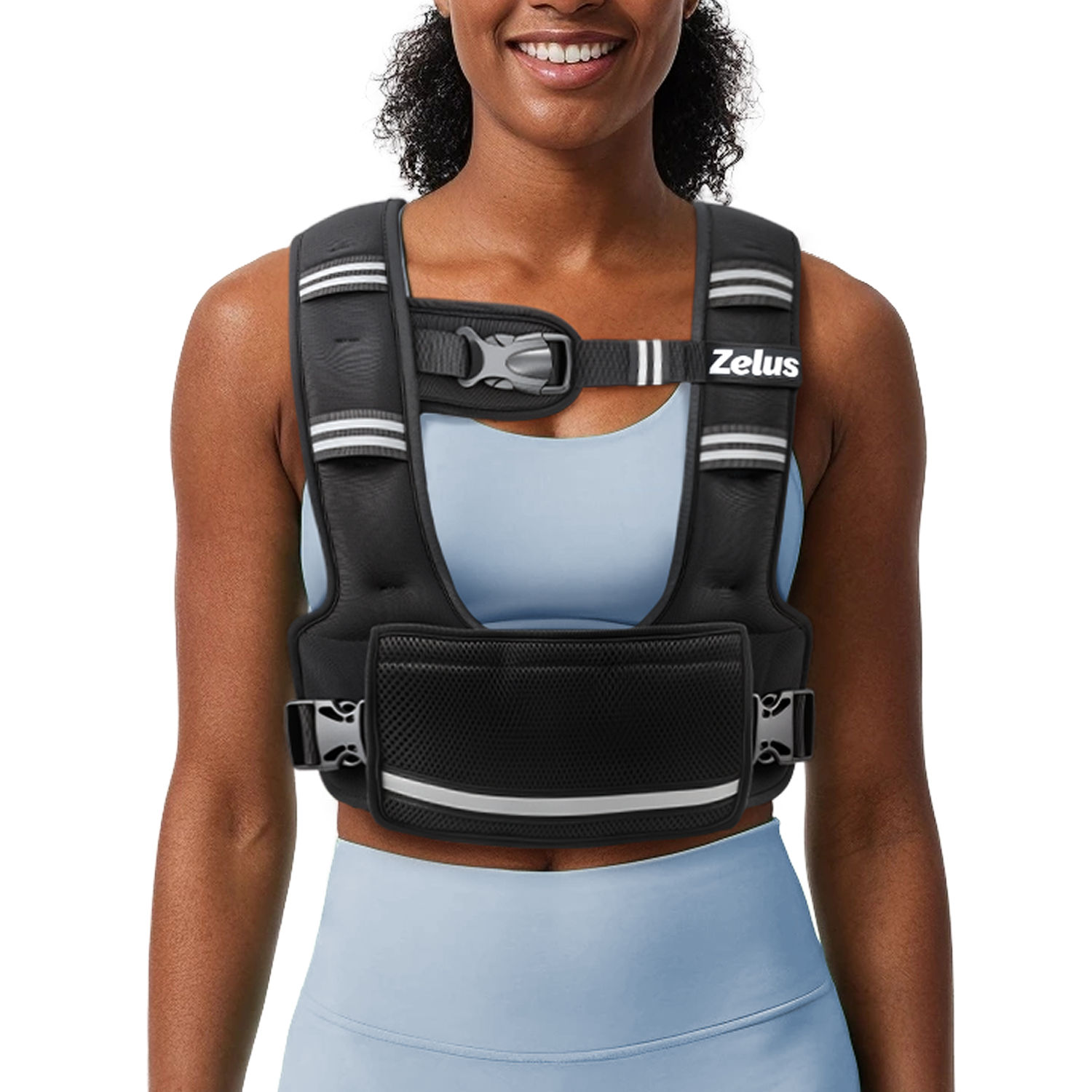 Woman wearing a black Zelus fitness vest on a white background
