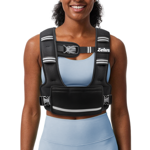 Woman wearing a black Zelus fitness vest on a white background