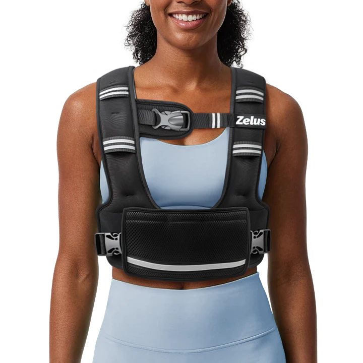 Person wearing a black weighted vest over a blue athletic outfit on a white background