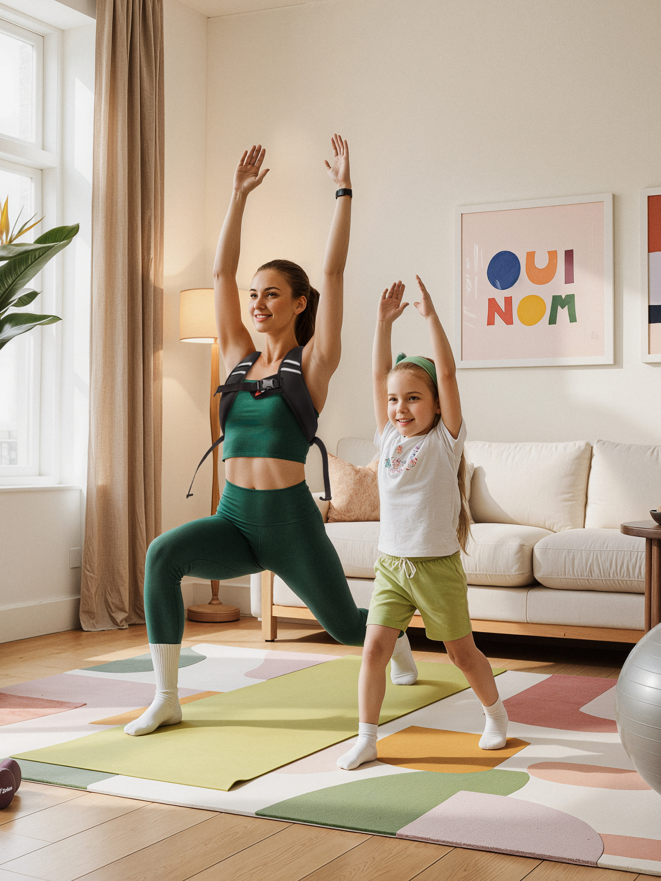 Woman and child exercising together on a colorful mat in a living room.