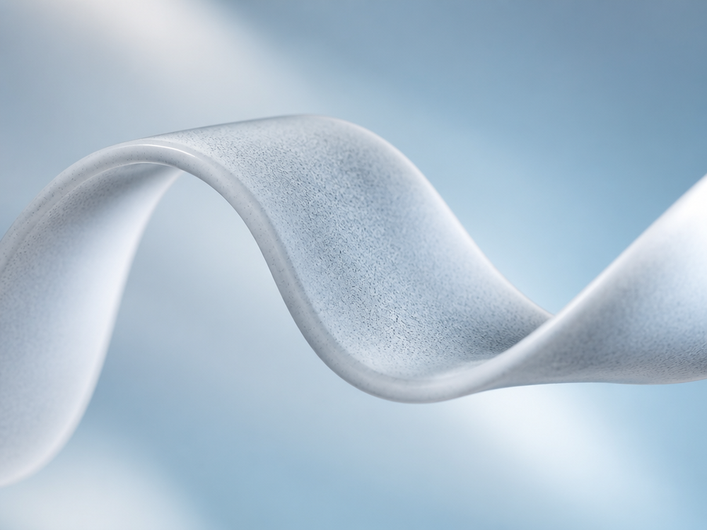 Soft light-blue swirl of white silicone and fine silver iron-sand particles blending together, representing the Z-Fit™ cooling weighted vest material